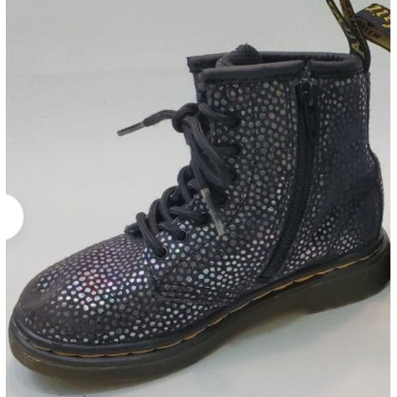 DR. MARTENS Kids Suede Lace Up Combat Boots Black Iridescent Dots 1460 J Sz 2 - Picture 4 of 7